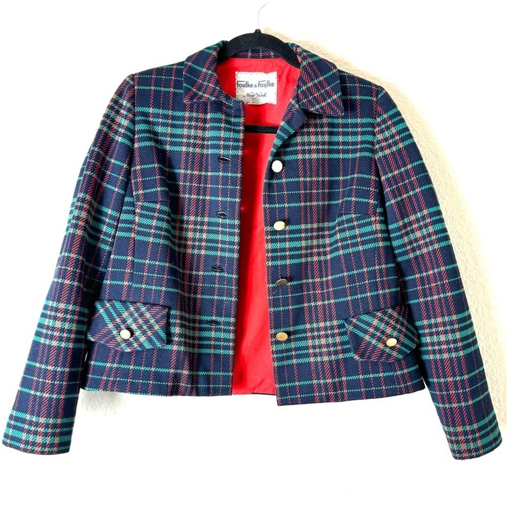 Vintage 50s 60s Navy Red Green Tartan Plaid Blazer Jacket Size Medium
